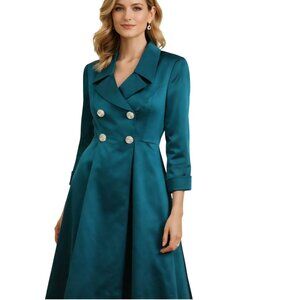 Rickie Freeman For T.J. Nites Vintage Teal Satin Rhinestone Coat Dress Size 6